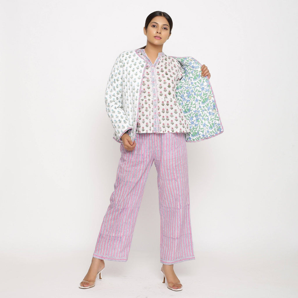 Front View of a Model wearing Hand-Block Printed Reversible Quilted Cotton Jacket