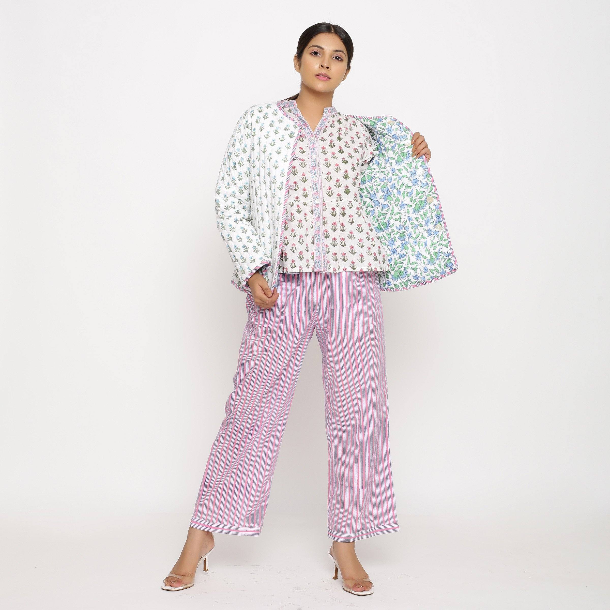Front View of a Model wearing Hand-Block Printed Reversible Quilted Cotton Jacket