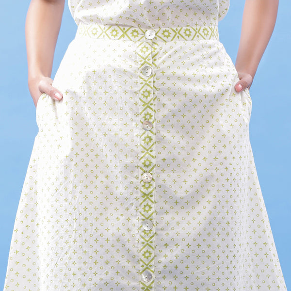 Front Detail of a Model wearing Hand Block Printed Tic-Tac-Toe A-Line Skirt