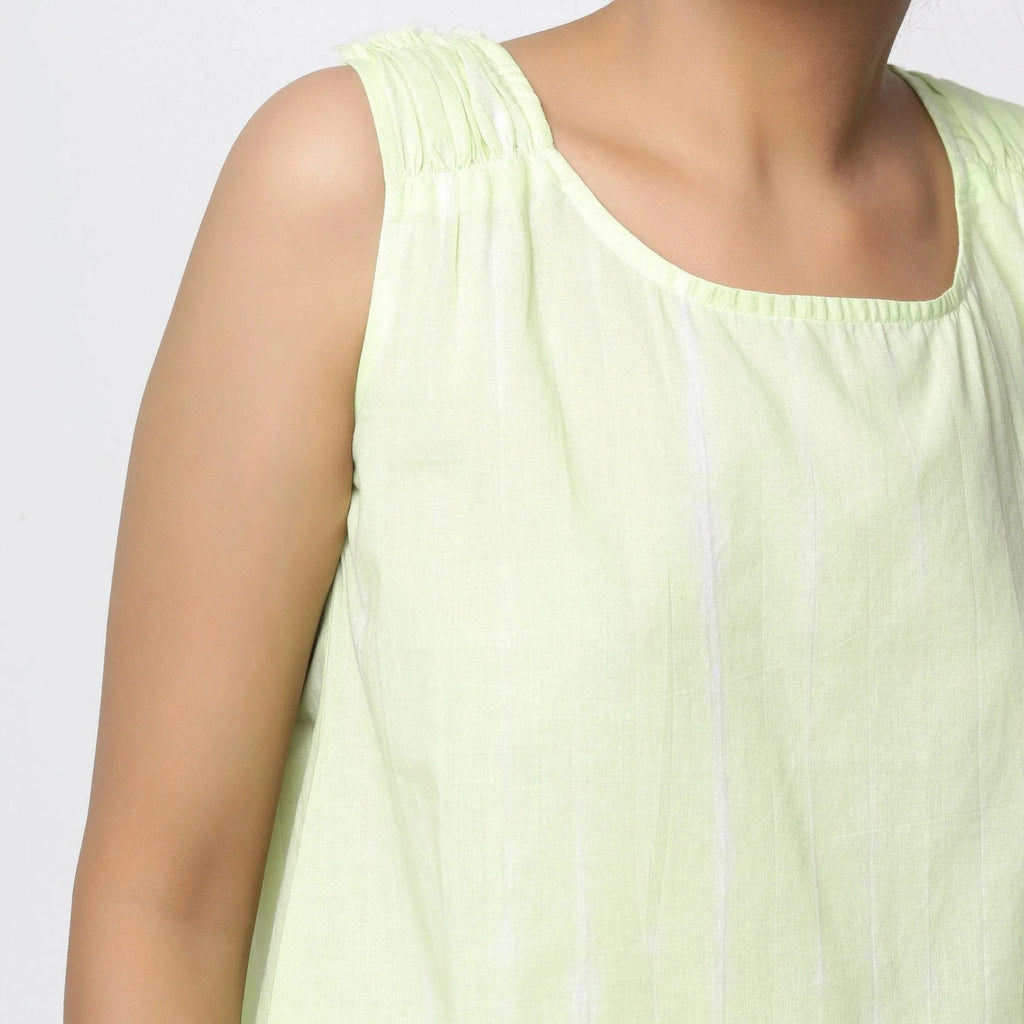 Front Detail of a Model wearing Hand Tie-Dye Mint Green A-Line Top