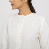 Front Detail of a Model wearing Hand beaded Cotton Poplin Button-Down Top