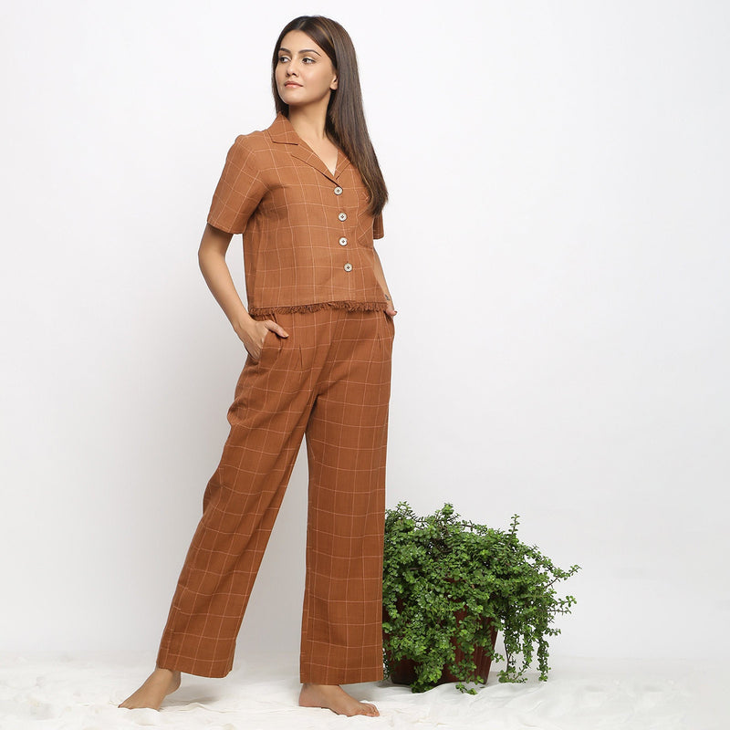 Right View of a Model wearing Handspun Brown Fringe Button-Down Shirt