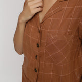 Front Detail of a Model wearing Handspun Brown Fringe Button-Down Shirt