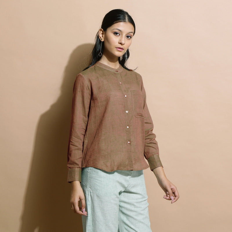 Right View of a Model wearing Handspun Brown Button Down Shirt