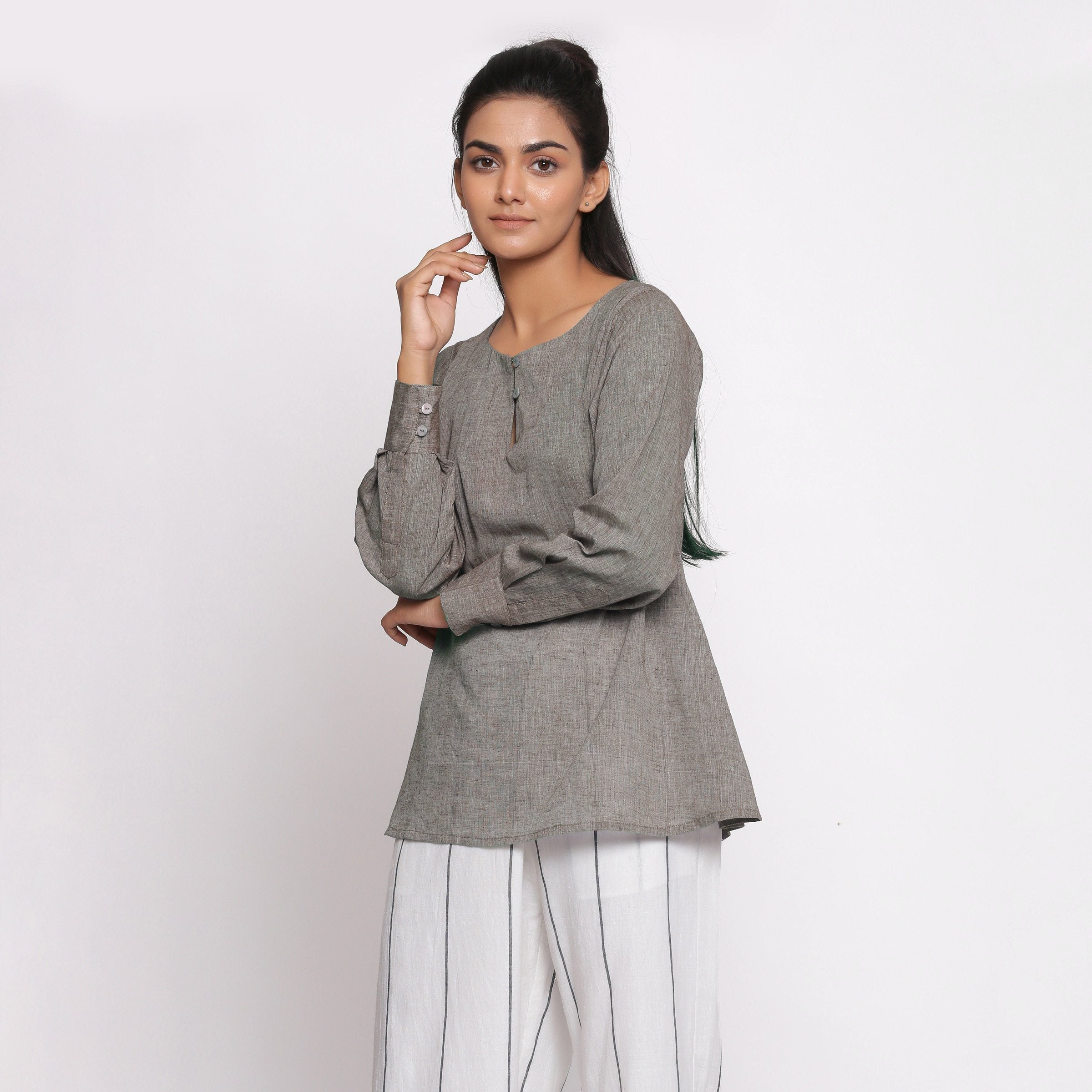 Front View of a Model wearing Handspun Cotton Grey Flared Tunic Top