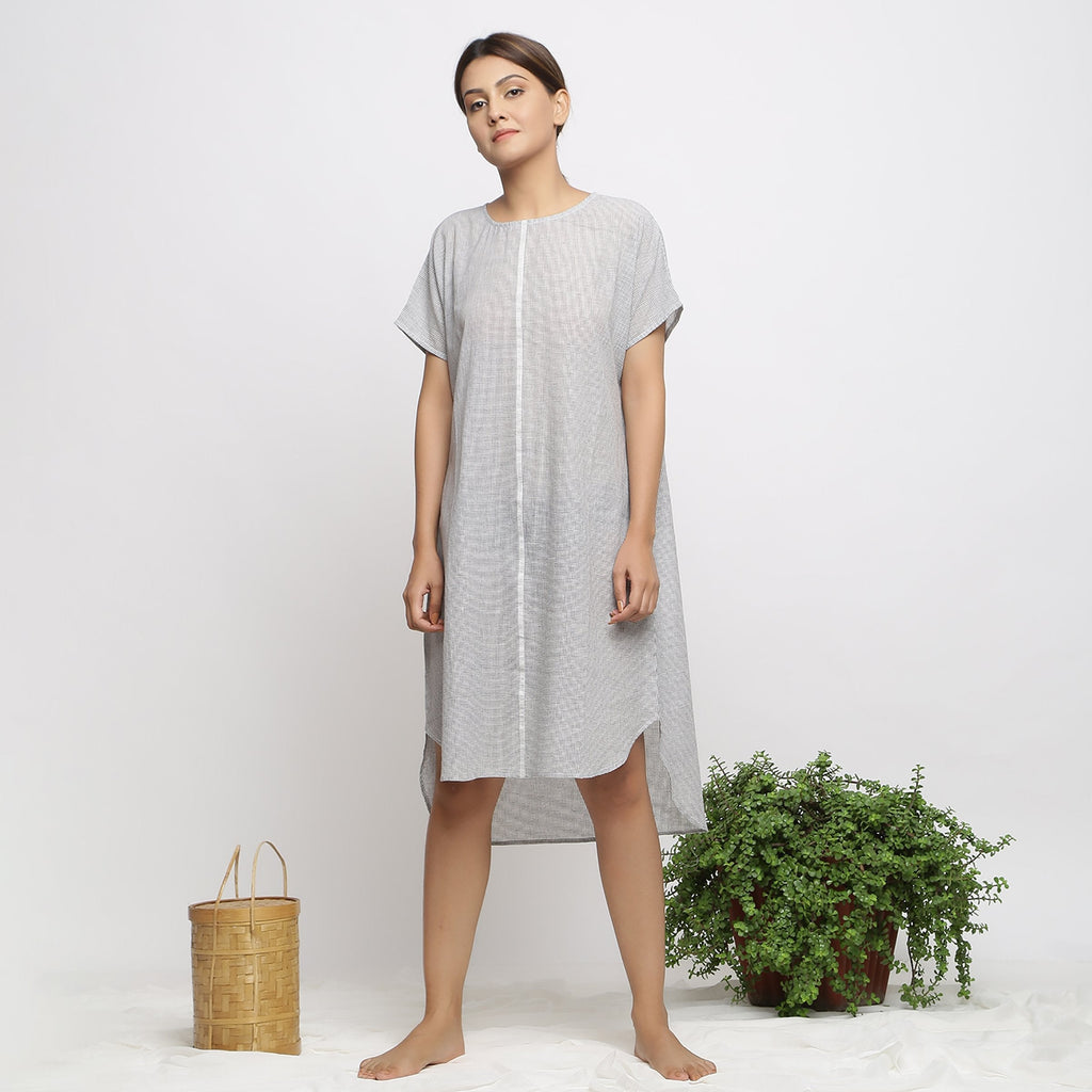 Front View of a Model wearing Off-White and Grey Checks Handspun Cotton Muslin High-Low Kaftan Dress