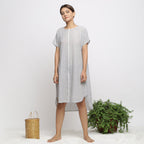 Front View of a Model wearing Off-White and Grey Checks Handspun Cotton Muslin High-Low Kaftan Dress