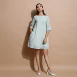 Front View of a Model wearing Light Green Handspun Cotton Muslin A-Line Short Dress