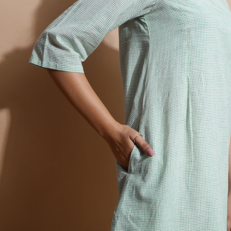 Front Detail of a Model wearing Light Green Handspun Cotton Muslin A-Line Short Dress