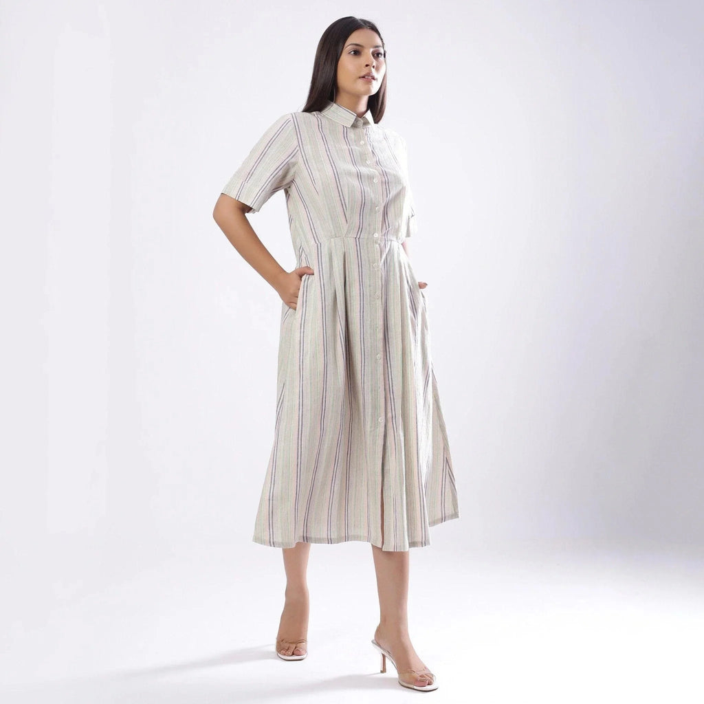 Front View of a Model wearing Handspun Cotton Muslin Button-Down Shirt Dress