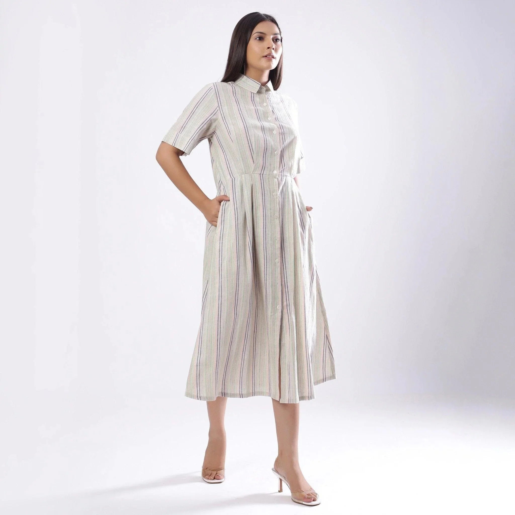 Front View of a Model wearing Handspun Cotton Muslin Button-Down Shirt Dress
