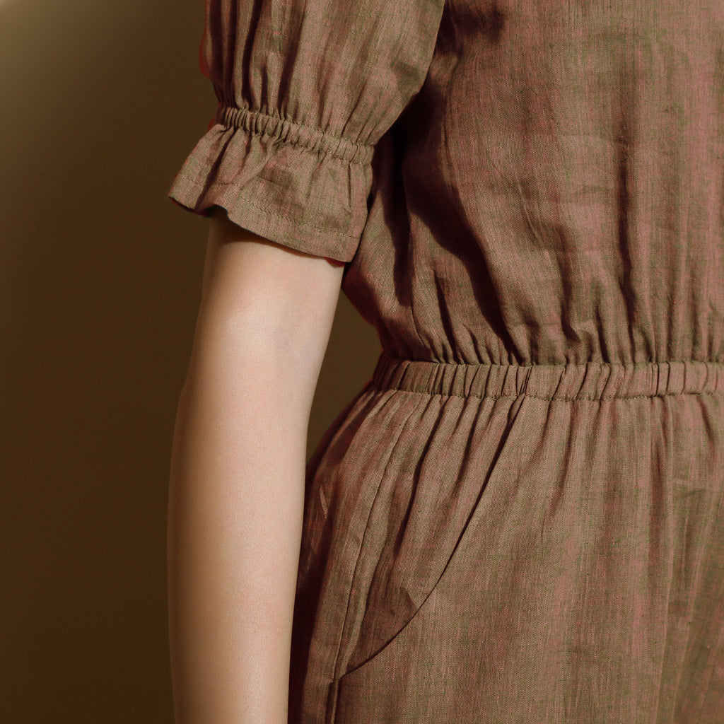 Close View of a Model wearing Handspun Frilled Sleeve Straight Jumpsuit