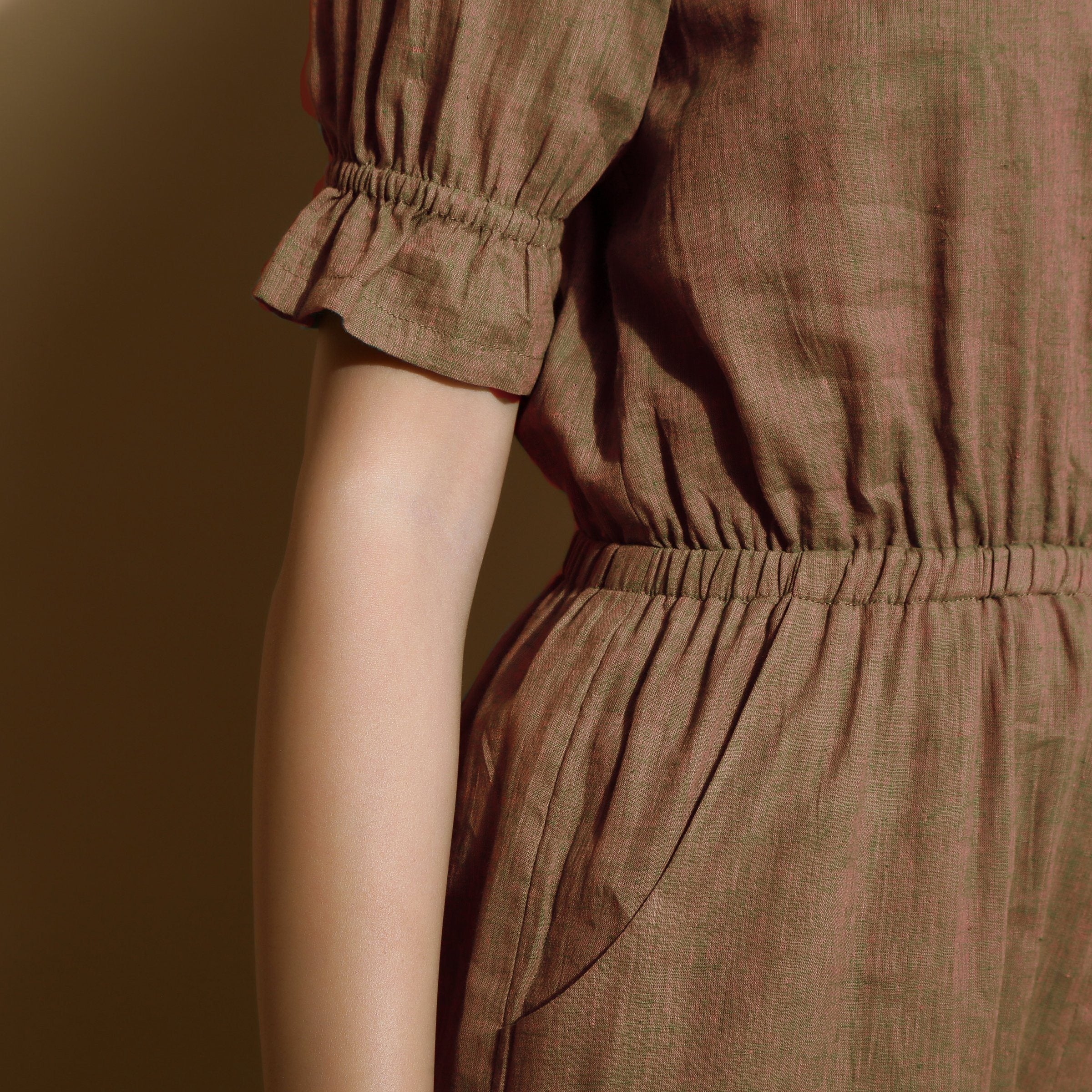 Close View of a Model wearing Handspun Frilled Sleeve Straight Jumpsuit