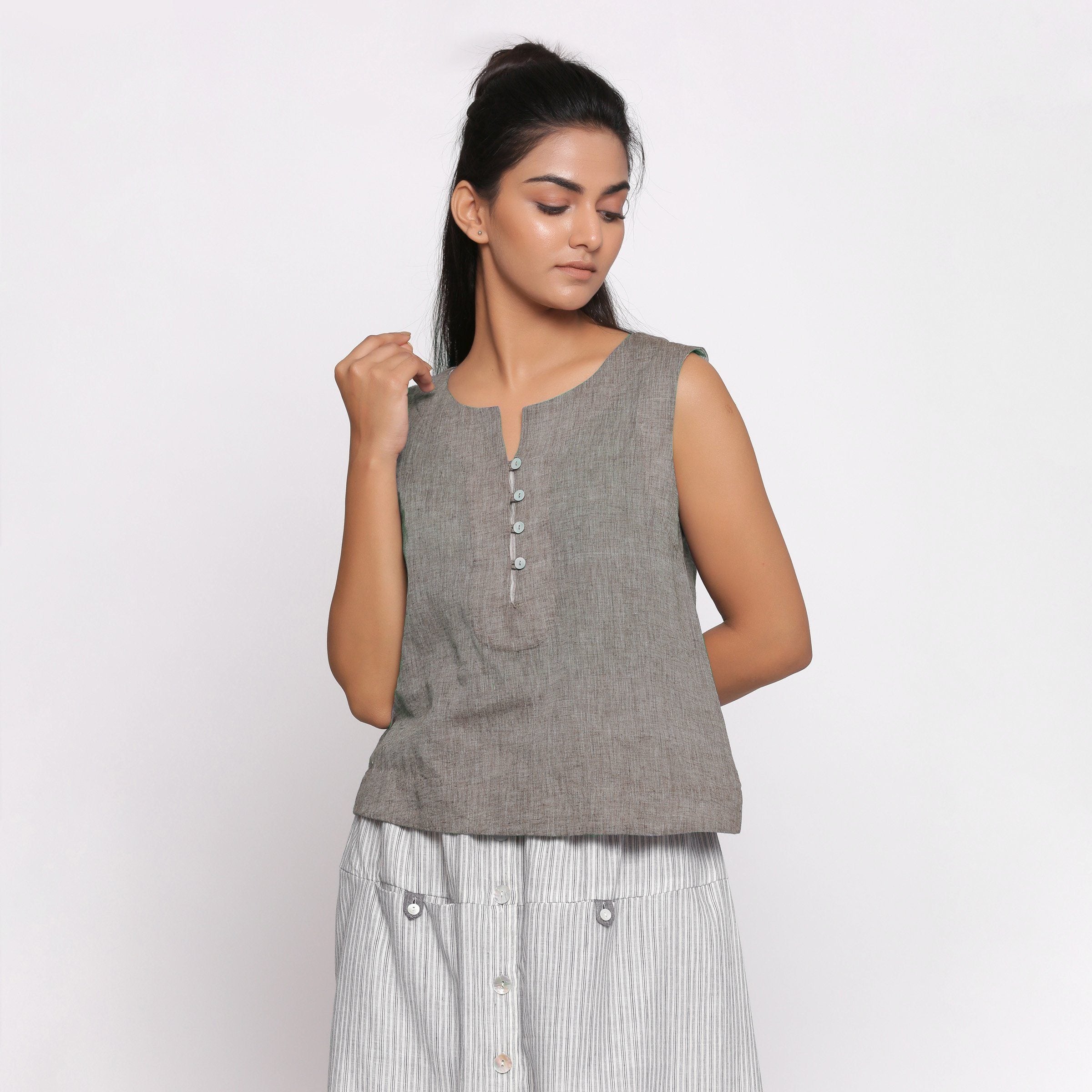 Front View of a Model wearing Handspun Grey Split Neck Sleeveless Top