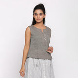 Front View of a Model wearing Handspun Grey Split Neck Sleeveless Top