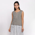 Front View of a Model wearing Handspun Grey Split Neck Sleeveless Top