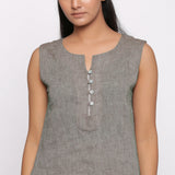 Front Detail of a Model wearing Handspun Grey Split Neck Sleeveless Top