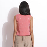Back View of a Model wearing Handspun Jamdani Rose Pink Crop Shirt