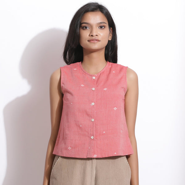 Front View of a Model wearing Handspun Jamdani Rose Pink Crop Shirt