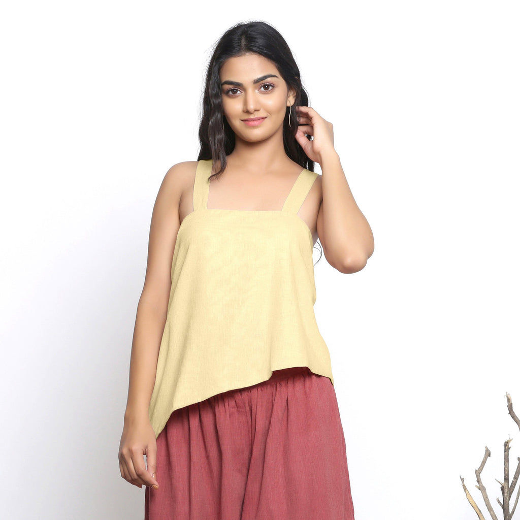 Front View of a Model wearing Handspun Light Yellow Asymmetrical Top