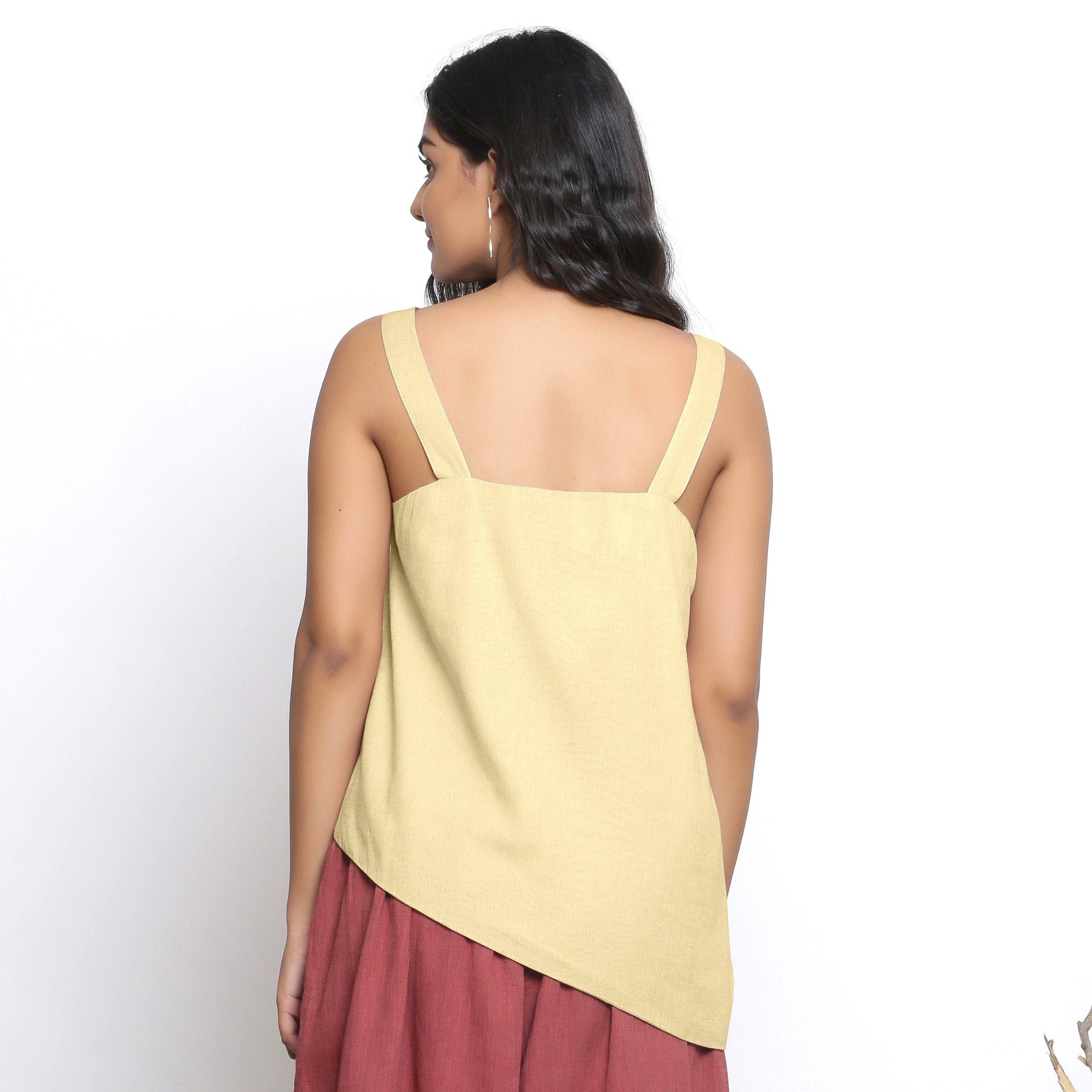 Back View of a Model wearing Handspun Light Yellow Asymmetrical Top