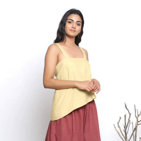 Right View of a Model wearing Handspun Light Yellow Asymmetrical Top