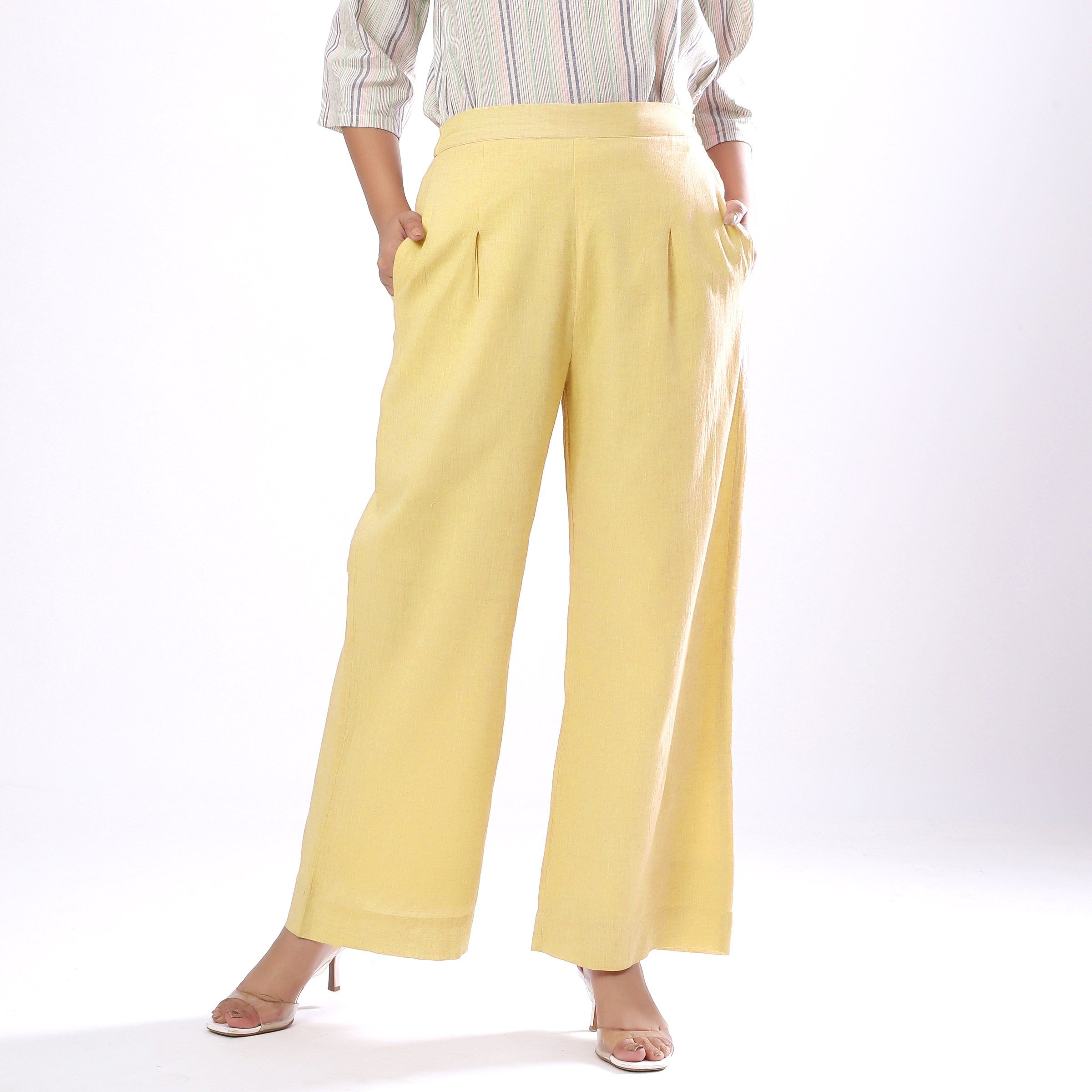 Front View of a Model wearing Handspun Light Yellow Wide Legged Pant