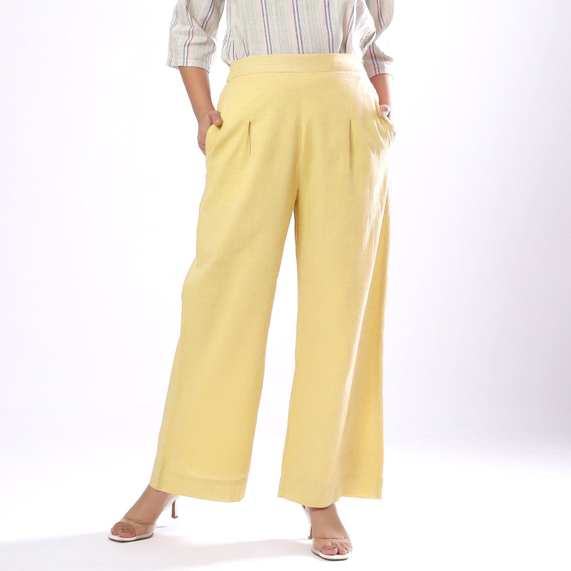 Front View of a Model wearing Handspun Light Yellow Wide Legged Pant