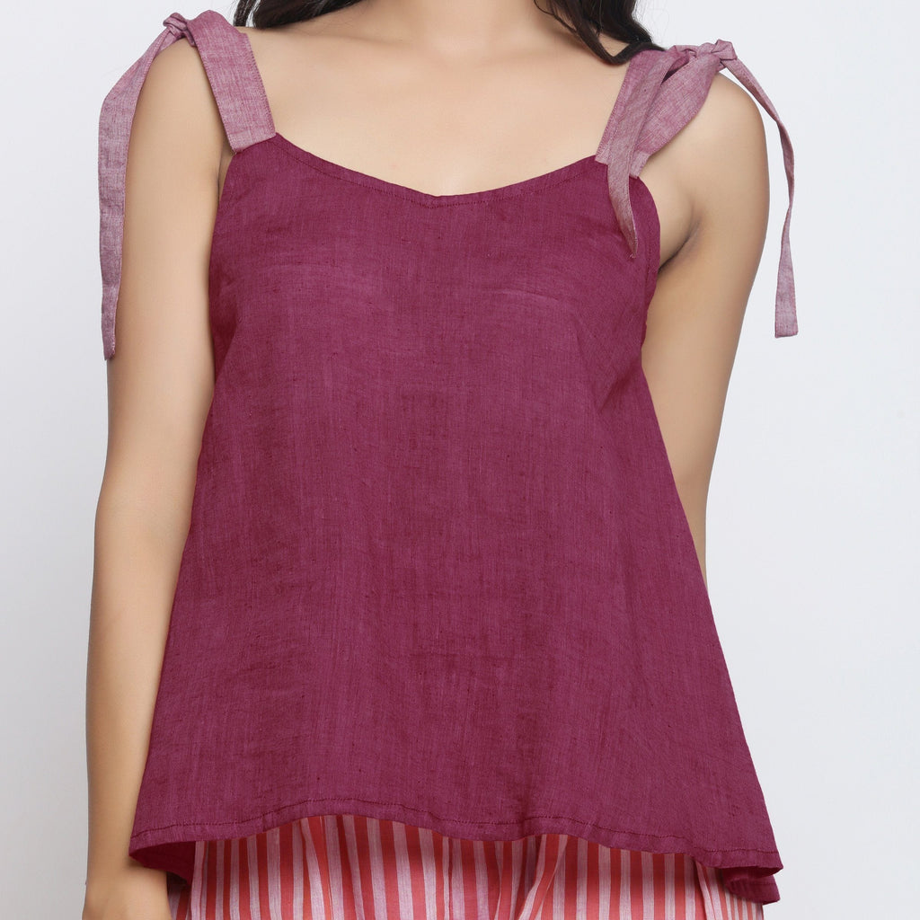 Front Detail of a Model wearing Handspun Maroon Convertible Tie-Up Top