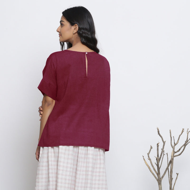 Back View of a Model wearing Handspun Maroon Yoked Top