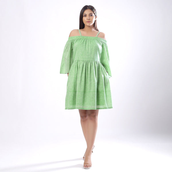 Front View of a Model wearing Handspun Mint Green Off-Shoulder Dress