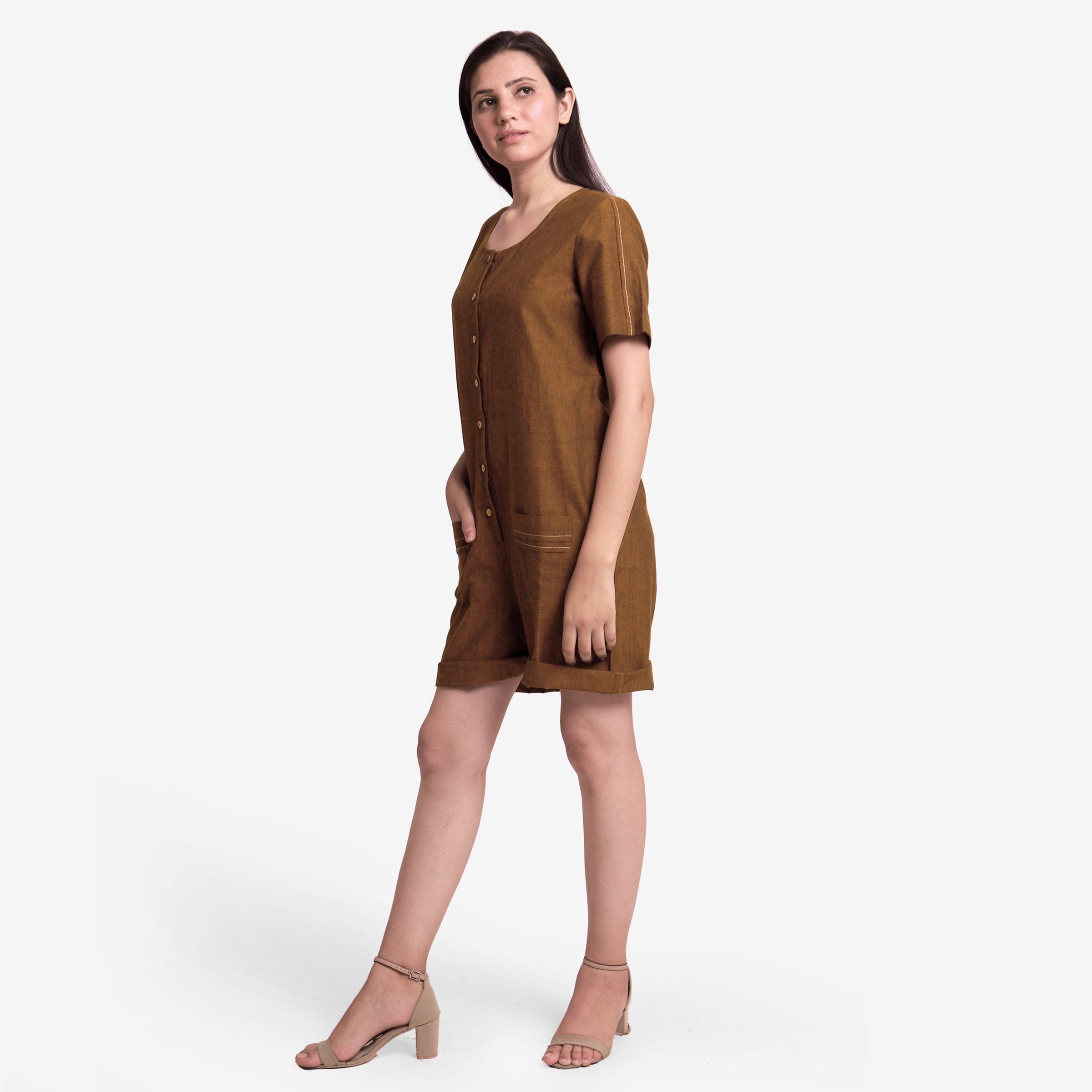 Left View of a Model wearing Handspun Oak Brown Button-Down Romper