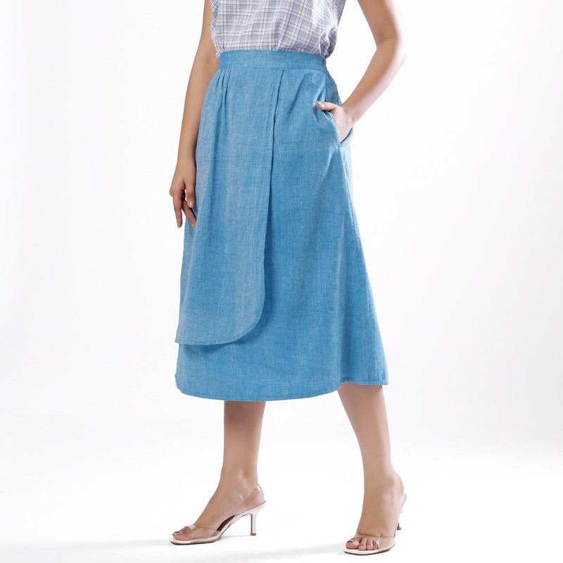 Left View of a Model wearing Handspun Sky Blue Layered Skirt