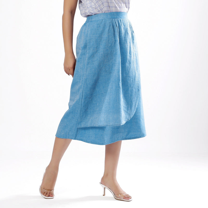 Right View of a Model wearing Handspun Sky Blue Layered Skirt