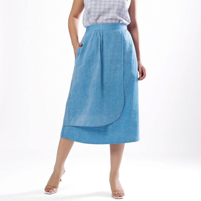 Front View of a Model wearing Handspun Sky Blue Layered Skirt
