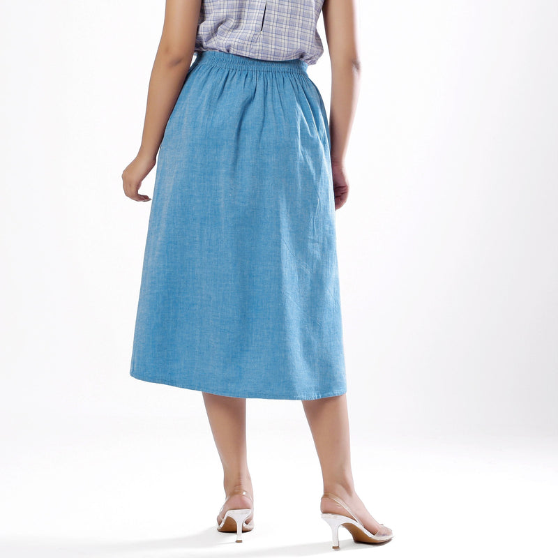 Back View of a Model wearing Handspun Sky Blue Layered Skirt