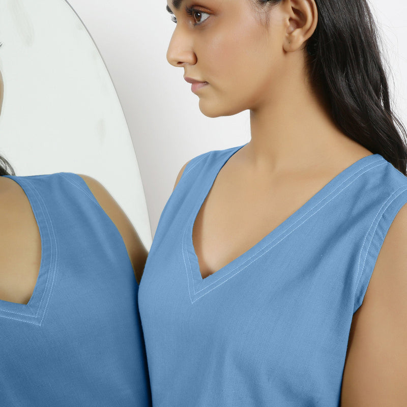 Front Detail of a Model wearing Handspun Vegetable Powder Blue Dyed Crop Top