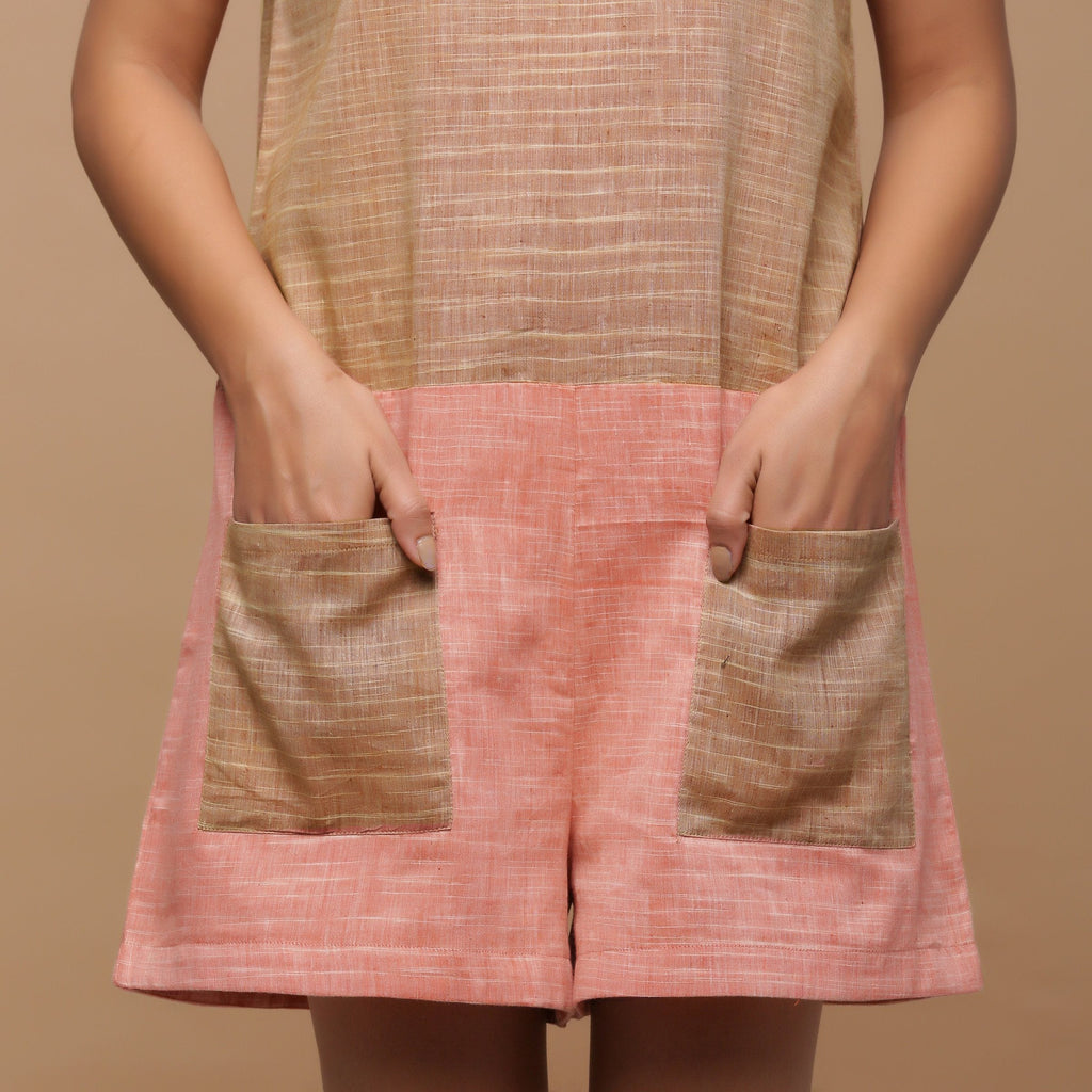 Front Detail of a Model wearing Handspun Yoked Sleeveless Romper