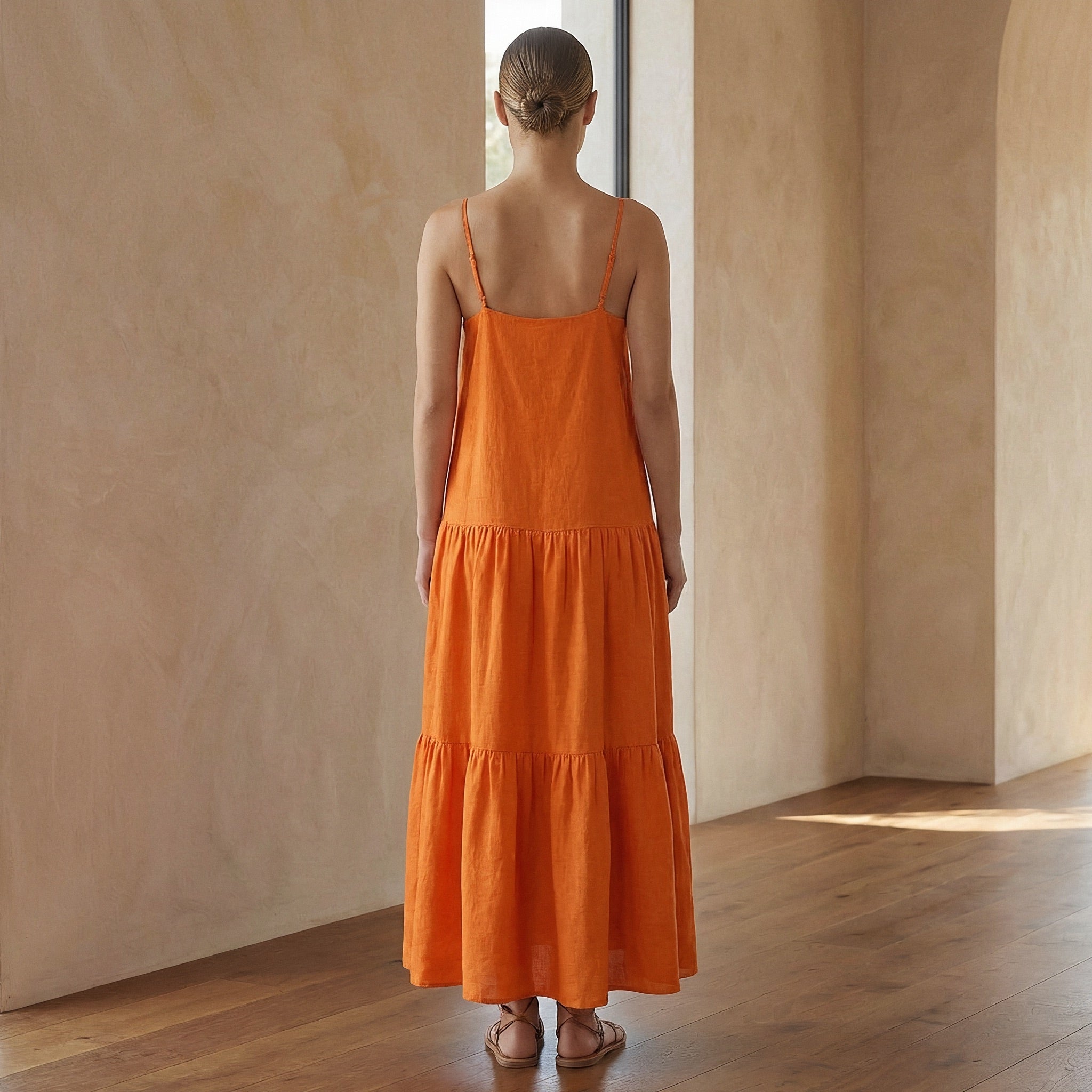 Hot Orange Cotton Poplin Drop-Waist Camisole Maxi Tier Dress