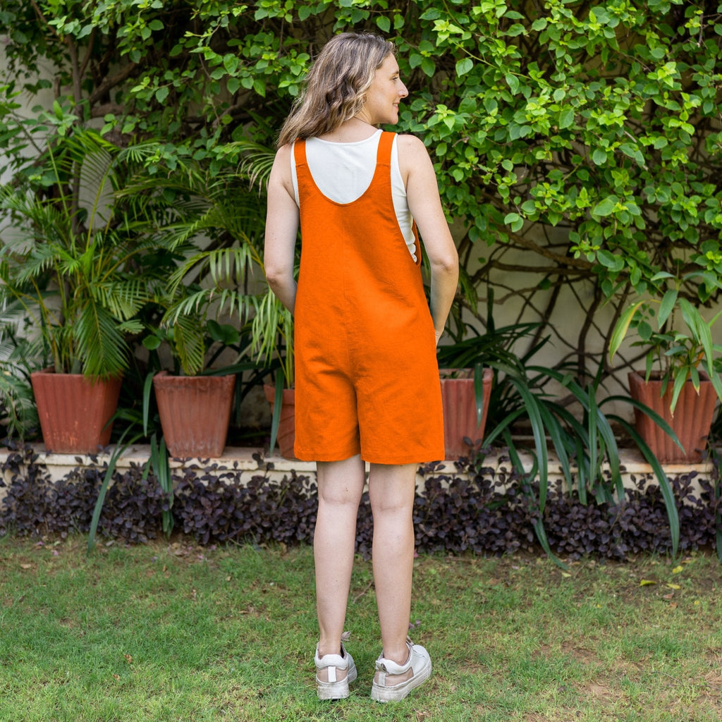 Hot Orange Cotton Poplin Dungaree Playsuit