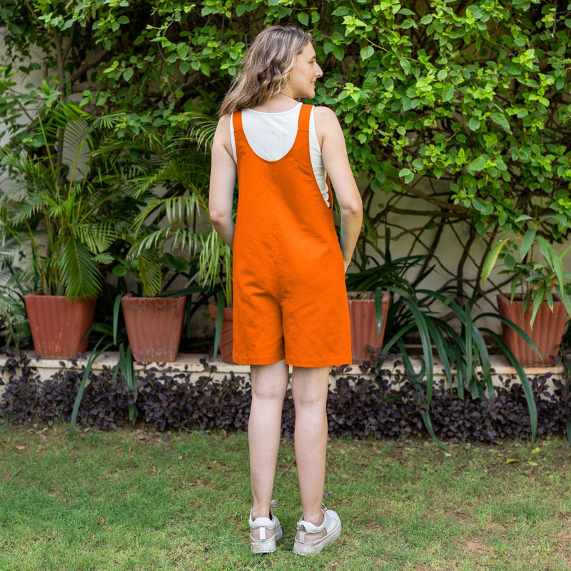 Hot Orange Cotton Poplin Dungaree Playsuit