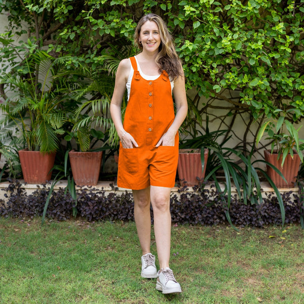 Hot Orange Cotton Poplin Dungaree Playsuit