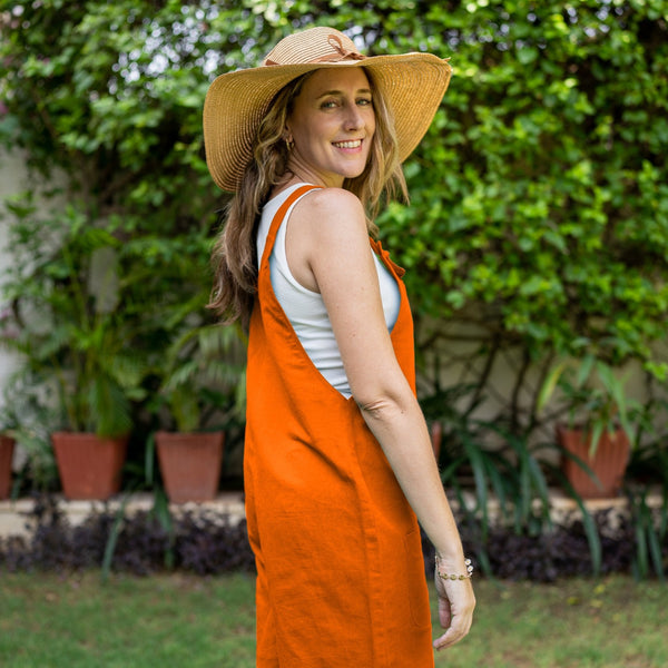 Hot Orange Cotton Poplin Dungaree Playsuit