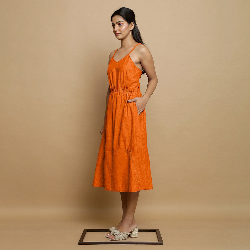Hot Orange Cotton Poplin Elasticated Midi Cami Dress