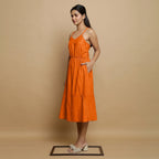 Hot Orange Cotton Poplin Elasticated Midi Cami Dress
