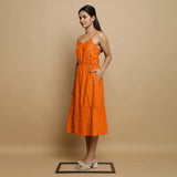 Hot Orange Cotton Poplin Elasticated Midi Cami Dress