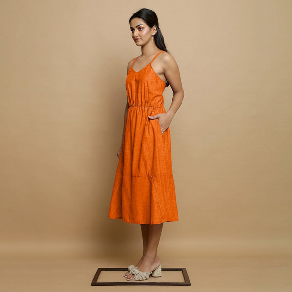 Hot Orange Cotton Poplin Elasticated Midi Cami Dress