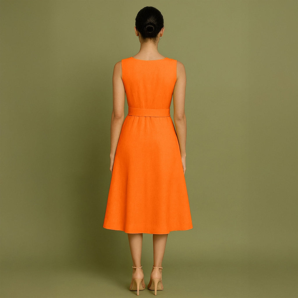 Hot Orange Cotton Poplin Fit and Flare Sleeveless Midi Dress