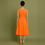 Hot Orange Cotton Poplin Fit and Flare Sleeveless Midi Dress
