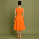 Hot Orange Cotton Poplin Fit and Flare Sleeveless Midi Dress